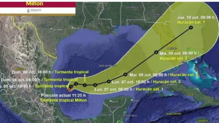 Dijeron que, el centro de la tormenta tropical Milton se localiza a 365 kilómetros al norte de Veracruz y a 585 kilómetros al oeste de Progreso, Yucatán.