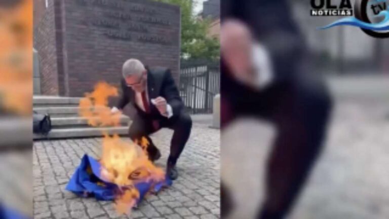 El diputado pisoteó y quemó la bandera, justificando su acción al decir que no exhibirán “símbolos de organizaciones hostiles”